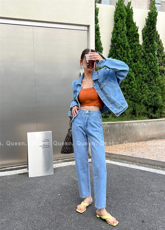 【QUEEN】Casual Breasted Solid Denim Jacket 558# OZQ