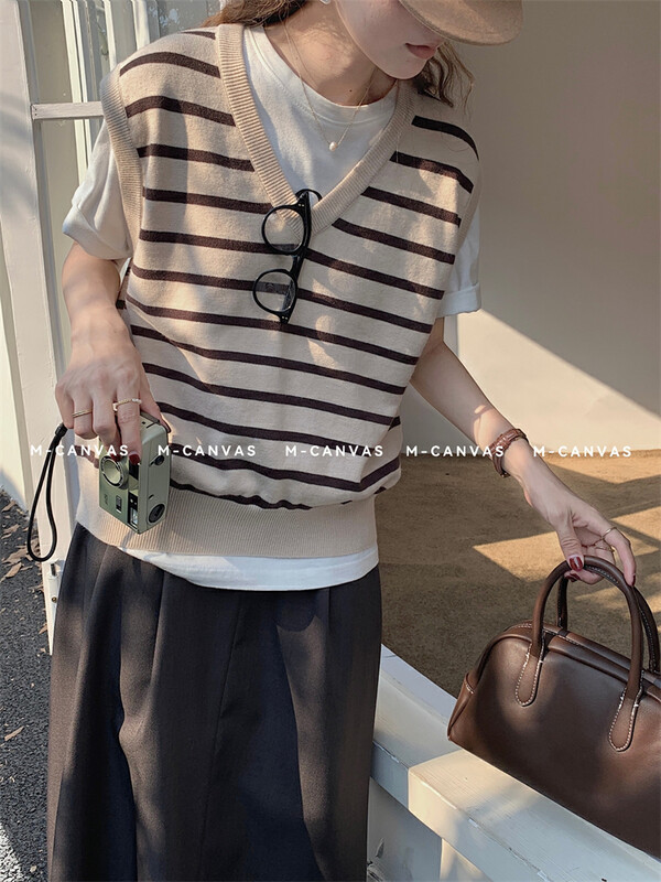 New in early autumn! [M-CANVAS] Korean V-neck striped all-match shirt 8927# HYY