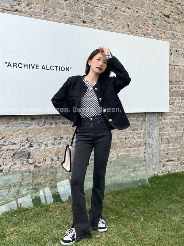 【QUEEN1】Early winter style brushed Korean style single button slim all-match jeans 387# OZQ