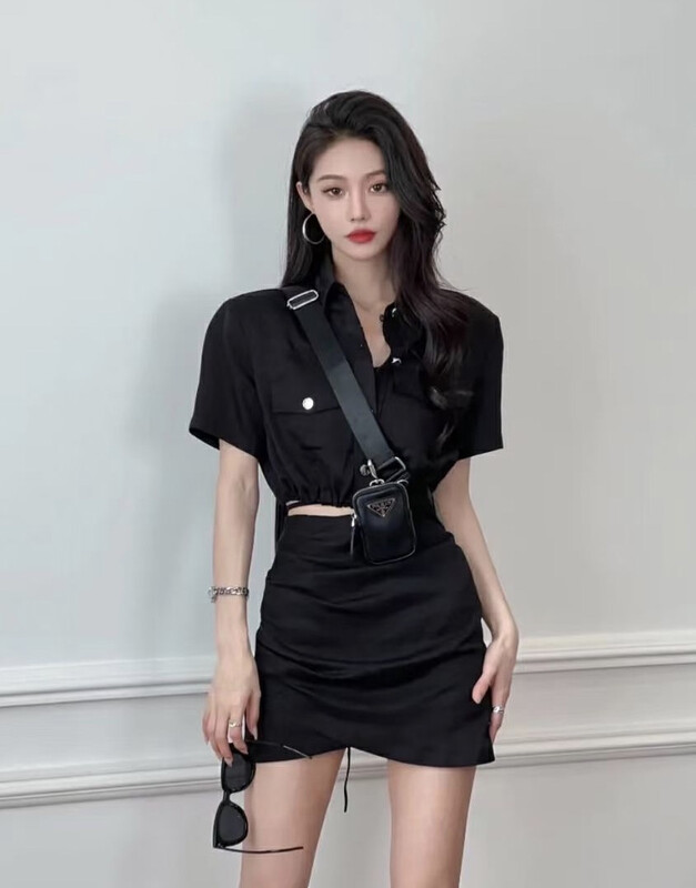 [HH] Casual Simple Short Sleeve Shirt + High Waist Slim Skirt Suit (Without Belt) 8576# LSL