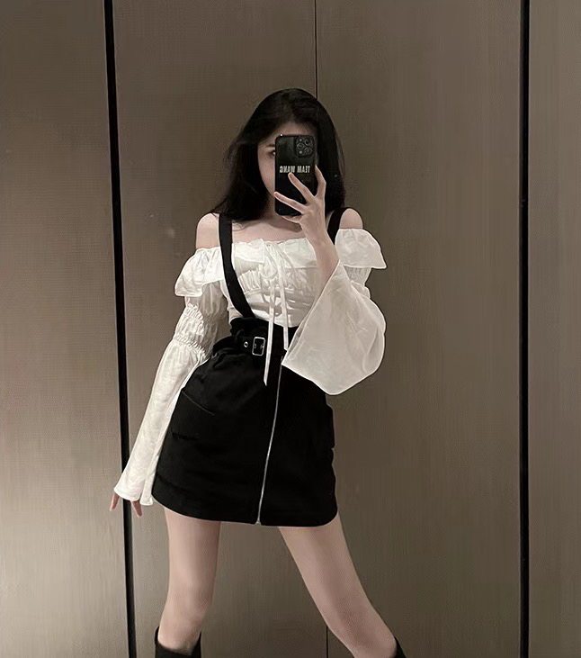 New in early autumn! [HH] puff sleeve solid color shirt + zipper solid color strap skirt suit (with belt) 8705# LSL