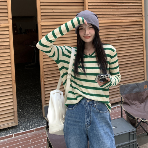 V-neck striped knitted sweater women's western style inner summer  new bottoming shirt design sense niche long-sleeved top