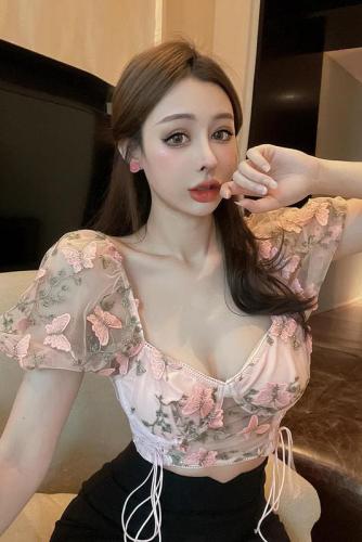 Real shot ~ three-dimensional mesh lace flower pink short puff sleeve princess pure desire sexy top female