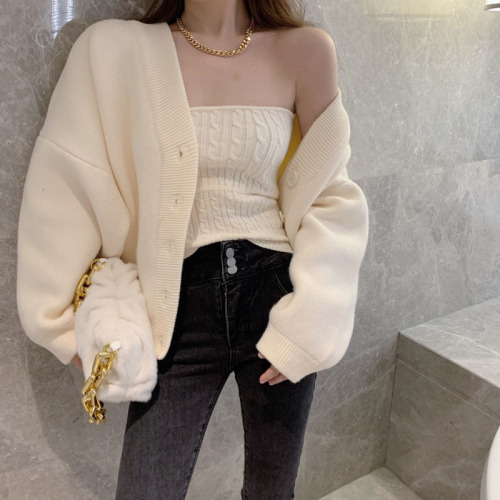 Korean early autumn style retro Japanese lazy style loose v-neck knitted cardigan sweater two-piece jacket feminine temperament