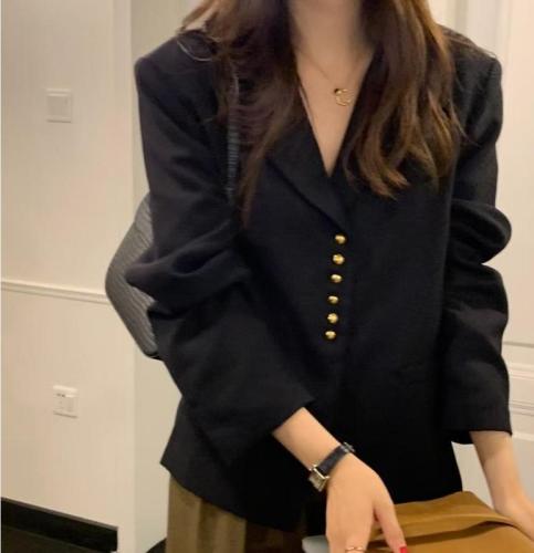 Size has been updated Early spring French retro style soft gold buckle embellished solid color lapel loose small blazer