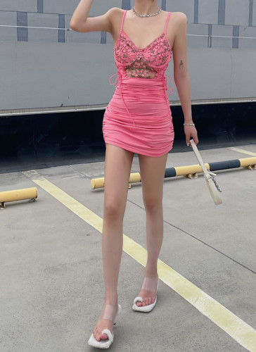 Real shot~Pure desire princess pink sling flower pleated hip stitching sexy dress female