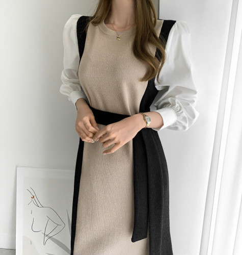 INS autumn and winter retro color-blocking knitted dress shirt-sleeve stitching long-sleeved dress