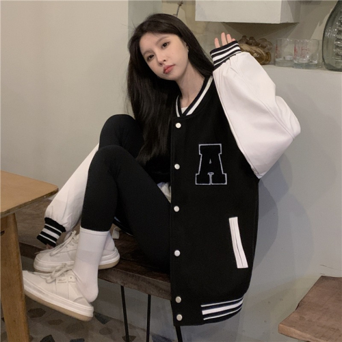 Towel embroidery + double screw baseball uniform female spring and autumn ins tide Korean version bf lazy wind jacket couple without velvet