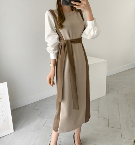 INS autumn and winter retro color-blocking knitted dress shirt-sleeve stitching long-sleeved dress