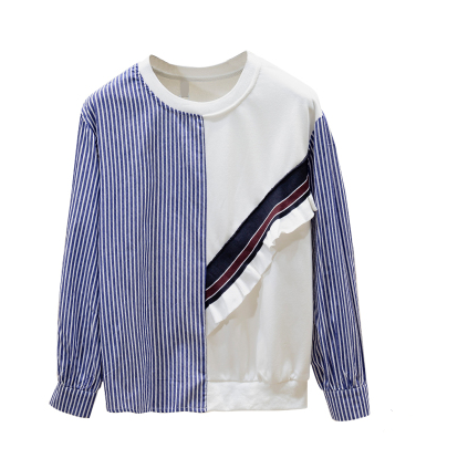 2022 Korean autumn new retro wild round neck design niche striped long-sleeved fungus edge stitching sweater