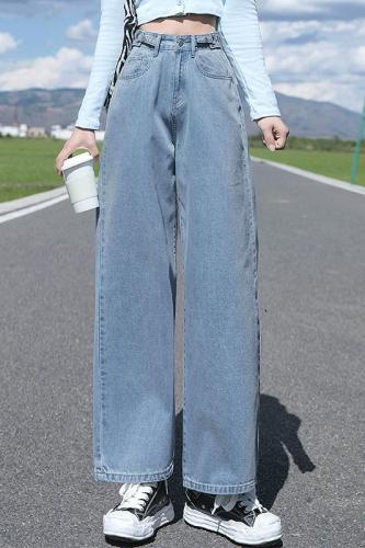 Real shot straight jeans women's chic high waist loose hem 2021 new slim wide leg winter pants