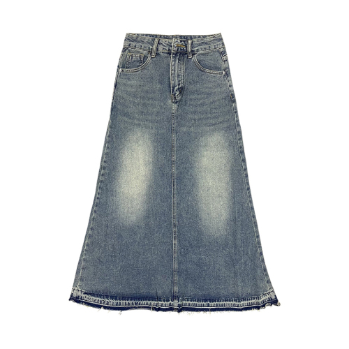 2022 autumn new retro raw edge denim skirt women's high waist and thin A-line long skirt