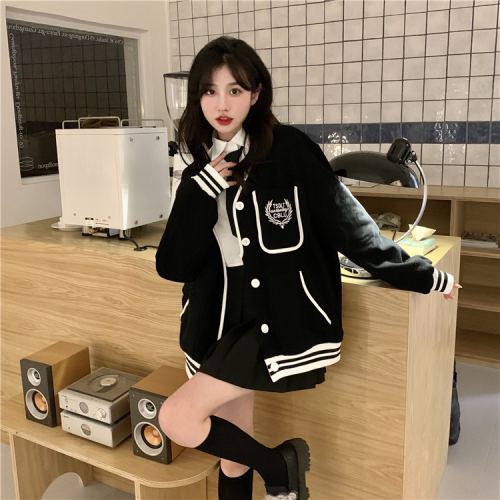 Japanese style small fragrance cardigan sweater women's autumn and winter large size Korean version fried street student Jk embroidery loose jacket tide