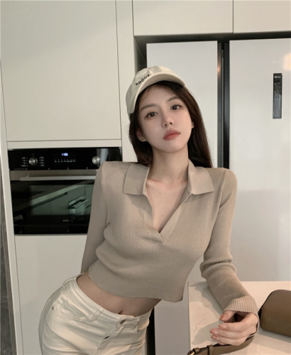 chic retro korean style all-match knitted bottoming shirt women's summer 2022 new style sweater short long sleeve top