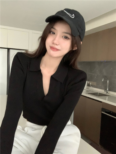 chic retro korean style all-match knitted bottoming shirt women's summer  new style sweater short long sleeve top