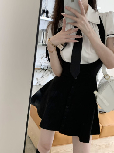 Real shot price college style suit summer sweet short-sleeved puff-sleeved shirt black suspender skirt