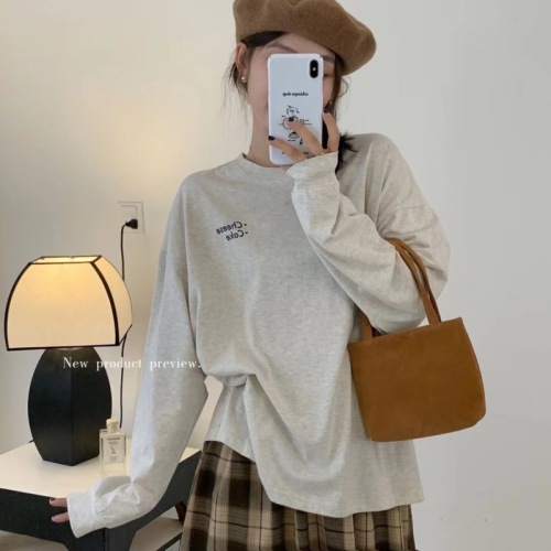 Real shot loose casual cartoon letter long-sleeved T-shirt  early autumn new college style Japanese ins thin sunscreen top