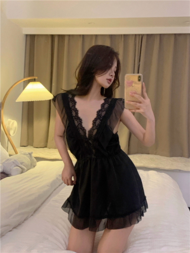 Real shot real price sexy pajamas female ice silk small chest pure desire high-end lace suspender nightdress