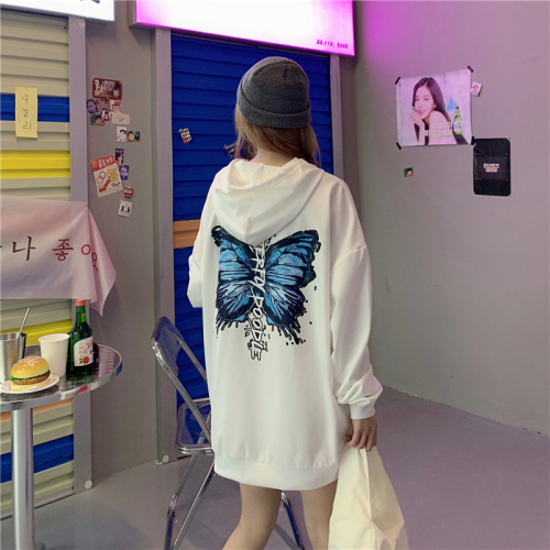 Real shot fish scale cotton loose hooded sweater female Harajuku style thin coat butterfly print long-sleeved top