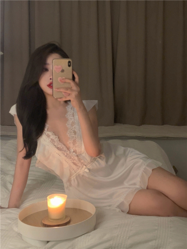 Real shot real price sexy pajamas female ice silk small chest pure desire high-end lace suspender nightdress
