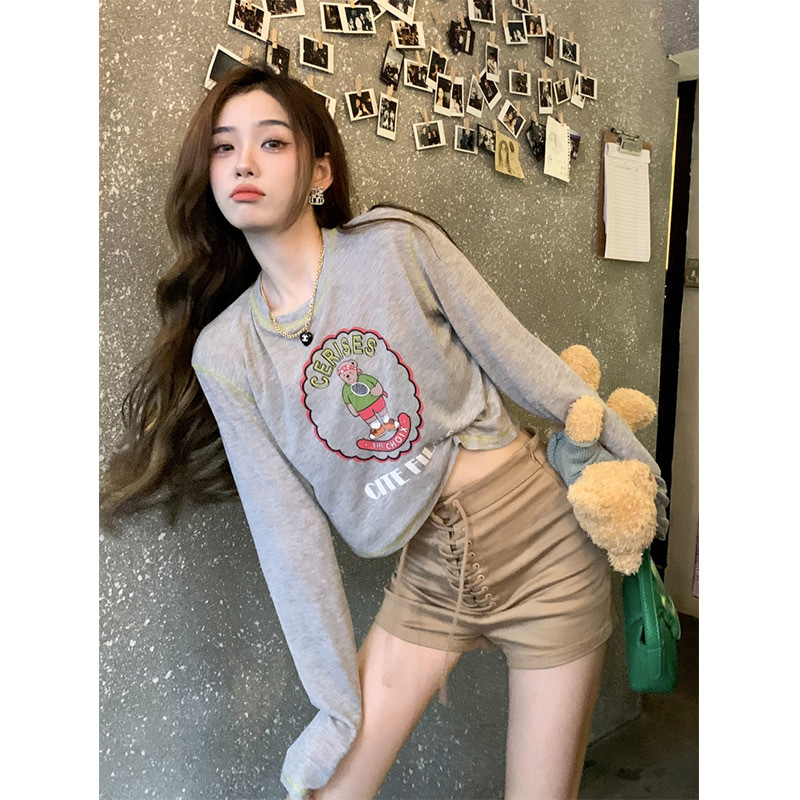 Grey Cartoon Print Long Sleeve Sunscreen T-Shirt Summer Retro Loose Casual
