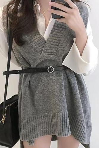 Korean chic all-match lazy style outside with knitted vest autumn and winter new bottoming sweater vest women's belt