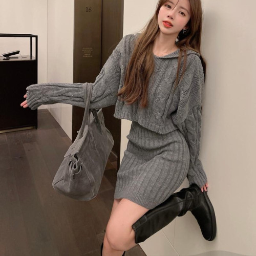 2022 autumn and winter new retro western style hooded knitted twist sweater high waist elastic hip skirt suit