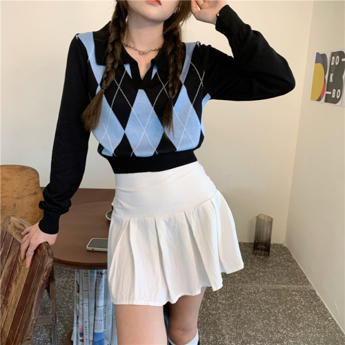 Real auction real price British college style diamond color matching V-neck knitted long-sleeved top