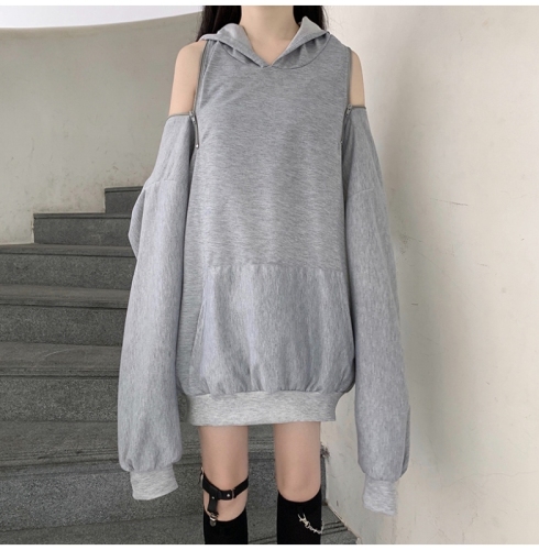 Official picture gray hooded sweater women's dark style new off-the-shoulder pullover top autumn loose tide