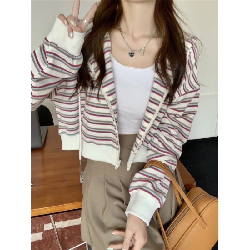 Short striped hooded sweater 2022 new women's autumn loose and thin all-match zipper high waist cardigan jacket trendy