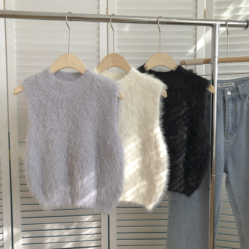 Imitation mink fur sleeveless knitted vest women's 2021 winter Korean version retro all-match short pullover vest top