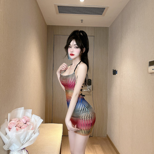 Real shot~Summer new hot girl sexy slim halter gradient mesh dress female