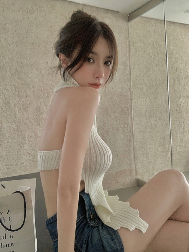 Real shot real price design sense slim backless knitted top solid color high collar comfortable sleeveless vest female 1635