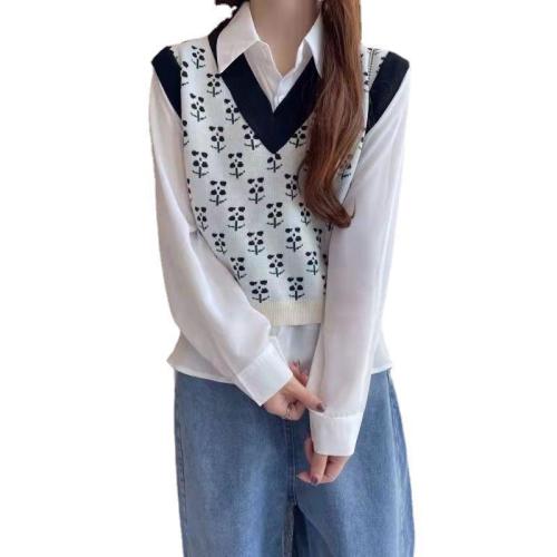 Autumn and winter V-neck flower jacquard pattern sleeveless vest vest knitted sweater women's Korean style short pullover