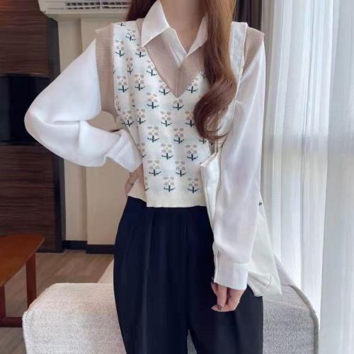 Autumn and winter V-neck flower jacquard pattern sleeveless vest vest knitted sweater women's Korean style short pullover