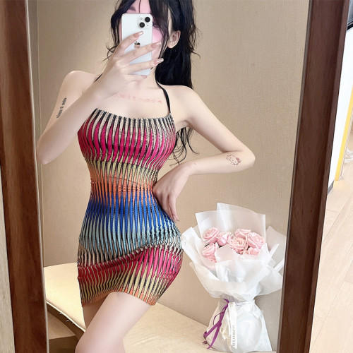 Real shot~Summer new hot girl sexy slim halter gradient mesh dress female