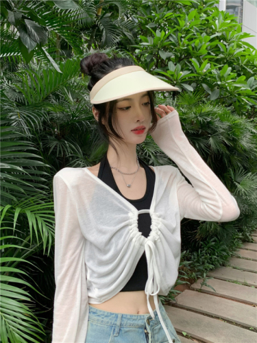Drawstring Lace Up Long Sleeve T-Shirt Women's Summer Sunscreen Shirt Design Small Unique Unique Slim Short Top