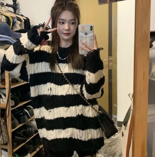Korean version irregular hole twist pullover mid-length striped sweater knitted sweater top coat