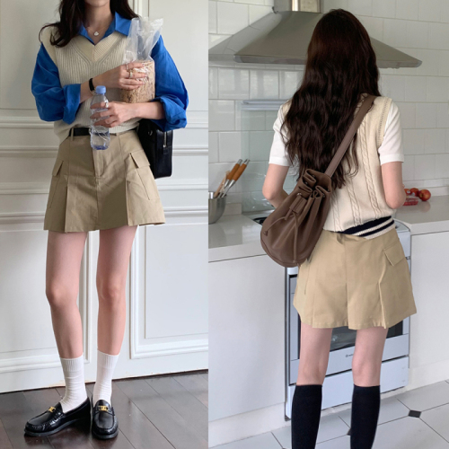 Real shot Korean style vitality girl retro wash cotton A-line high waist slim casual tooling skirt skirt