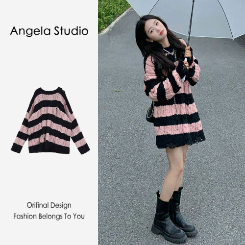 Korean version irregular hole twist pullover mid-length striped sweater knitted sweater top coat