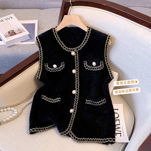 Xiaoxiangfeng temperament imitation mink vest autumn female Korean version pearl buckle outer wear vest knitted sweater all-match vest tide