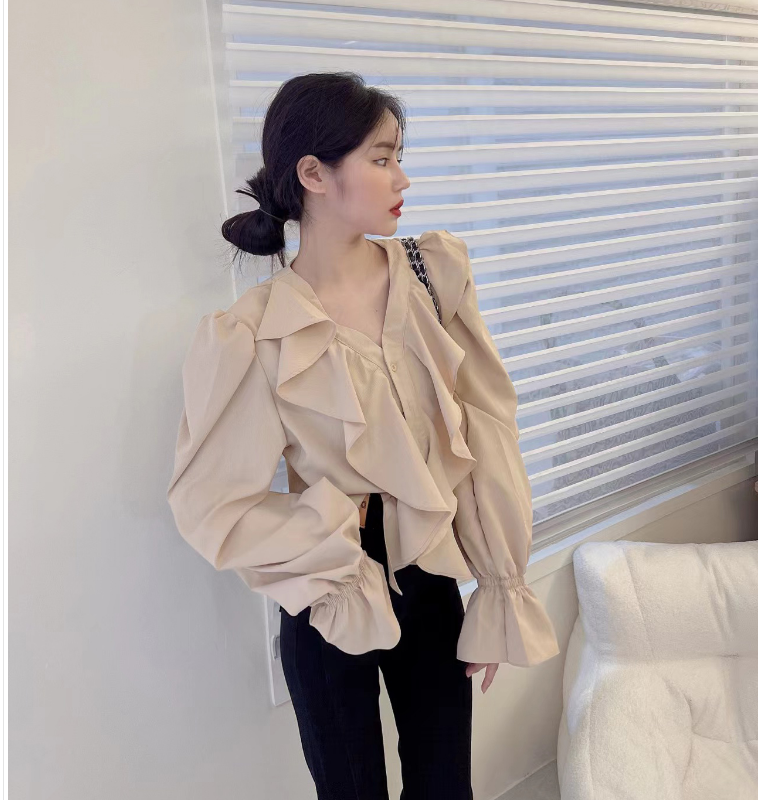 French style ruffled shirt women's 2022 autumn new Korean style loose age-reducing lantern sleeves chic top trendy