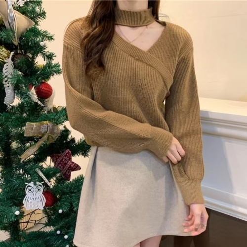 Cotton and cashmere high-end red v-neck Christmas sweater women's 2022 new design sense of niche gas top gentle