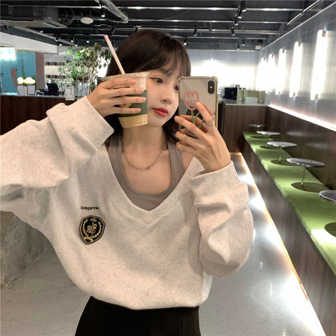 Official picture net price fish scale cloth cotton thin sweater female fake two short V-neck tops