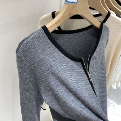 European design double zipper soft waxy long-sleeved knitted cardigan women's 2021 autumn new western style bottoming shirt top