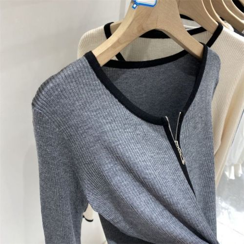 European design double zipper soft waxy long-sleeved knitted cardigan women's  autumn new western style bottoming shirt top