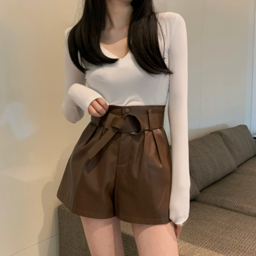 Real shooting real price pu leather shorts Hong Kong style high waist all-match casual wide-leg pants outside wear boots pants send belt