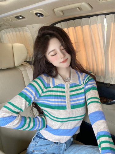 Korean style gentle wind POLO collar sweater design slim slim striped color matching top long-sleeved women's spring fashion trend