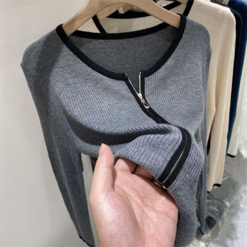 European design double zipper soft waxy long-sleeved knitted cardigan women's  autumn new western style bottoming shirt top