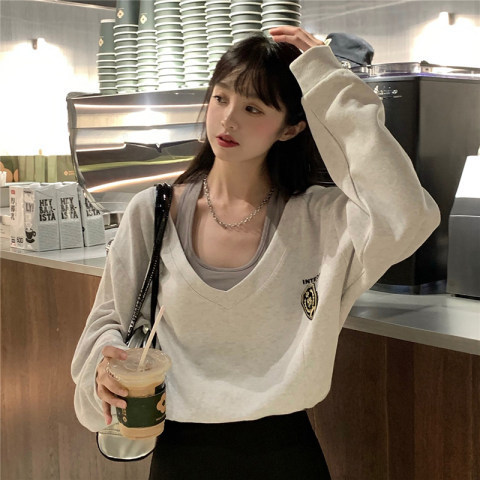 Official picture net price fish scale cloth cotton thin sweater female fake two short V-neck tops